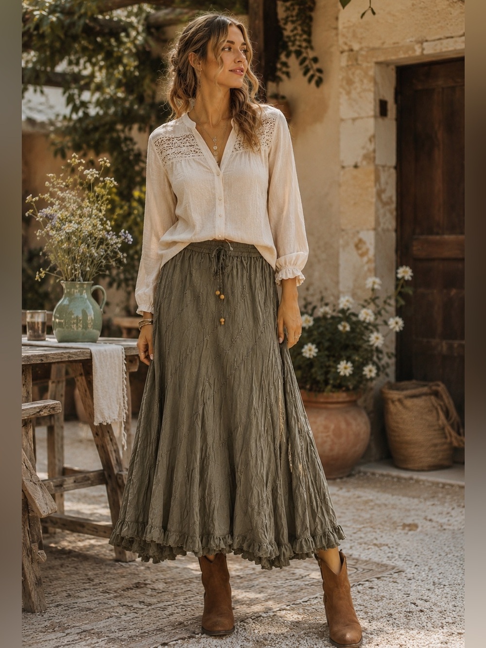 Young Threads Olive Green Boho Maxi Skirt Size Medium